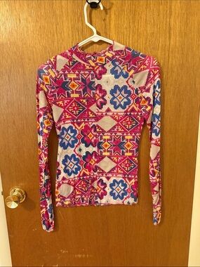 FP Movement by Free People Pink Blue Aztec-Print Long-Sleeve Top